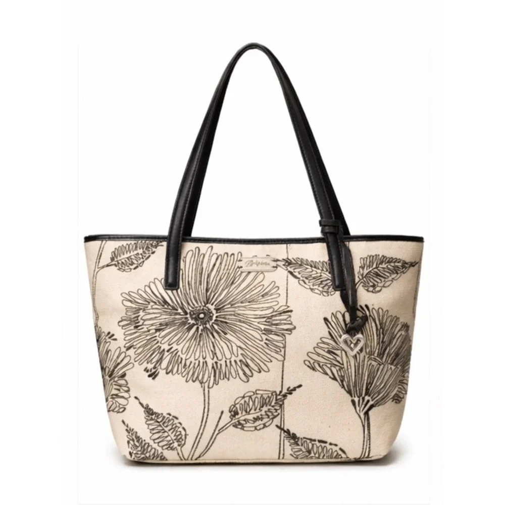 Brighton‎ Womens Wild Garden Natural Woven Jute Tote Black Embroidered Blossoms